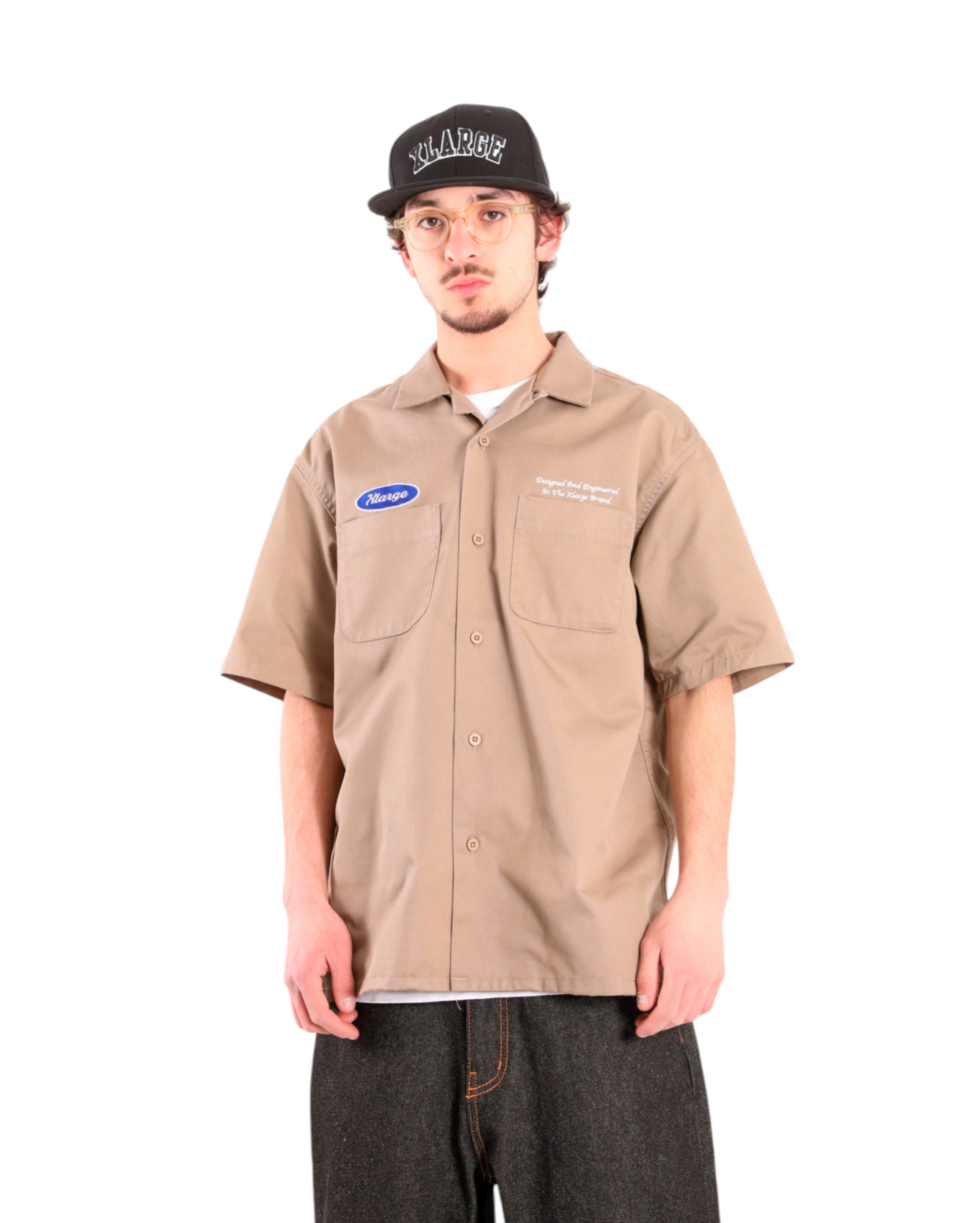 Xlarge-Embroided Short Sleeve Work Shirt Beige-Starcowparis - Starcowparis - 1
